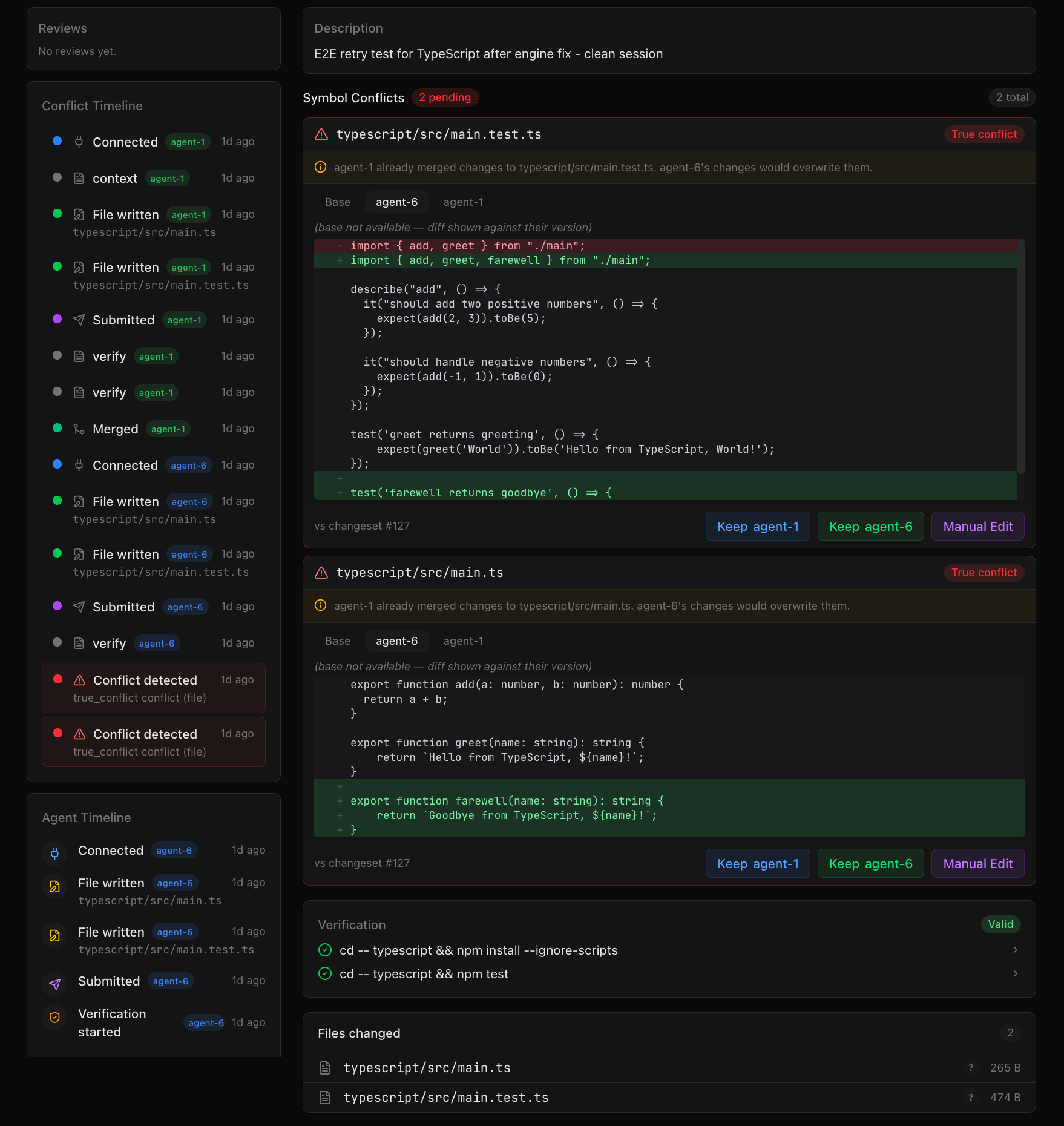 dkod dashboard showing a true conflict between two agents with three-way diff and one-click resolution options
